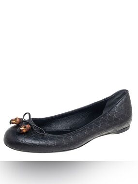 Gucci Black Guccissima Leather Bamboo Bow Tassel Ballet Flats Size 38